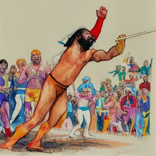 Image similar to watercolour, brightly colored, depicting randy savage hurling a small child into the sky