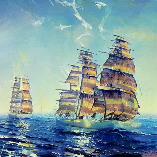 Image similar to A pirate on the high seas that has magical pearlescent shimmering see through sails, painting by John Berkey