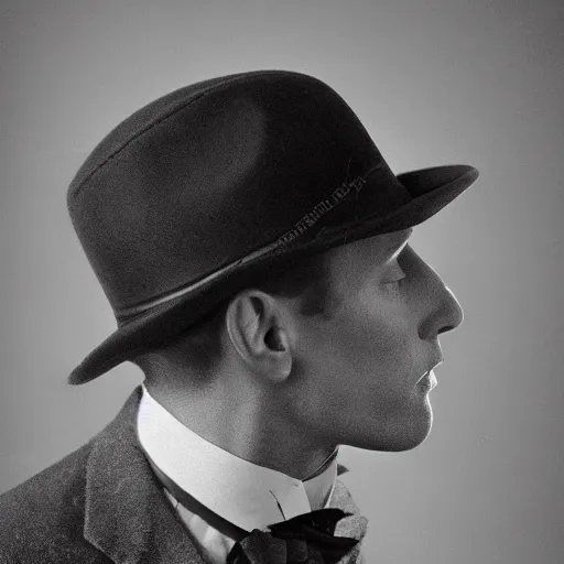 Image similar to A photograph portrait of Jerma985 wearing a homburg hat in the early 1920s, taken in the early 1920s, grainy, taken on a early 1900s Kodak Camera, realistic, hyperrealistic, very realistic, highly detailed, very detailed, extremely detailed, detailed, digital art, trending on artstation