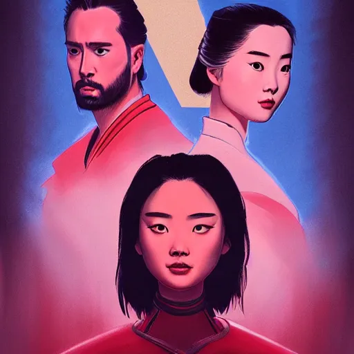 Image similar to Portrait of Mulan, pitch black room, extremely detailed, oil on canvas, low-key neon lighting, realist, artstation, Blade Runner 2049, Roger Deakin’s cinematography, by J. C. Leyendecker and Peter Paul Rubens and Stephen Bauman,