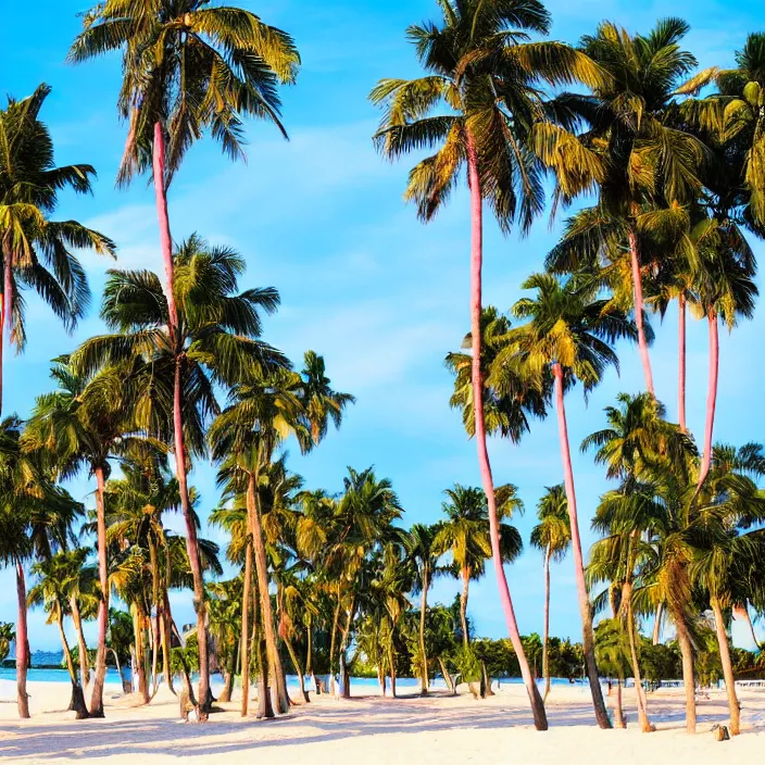 Prompt: palm trees on the beach, highly detailed, pink-blue-green light, landscaping, natural, outdoor spaces,