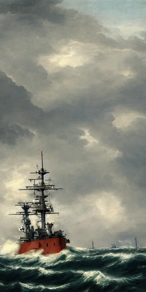 Image similar to painting of a battleship on a stormy sea