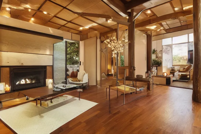 Prompt: modern Japanese living room, arched ceiling, luxurious wooden cottage, traditional, Japanese flower arrangements, high-tech devices, traditional fireplace, real estate photography