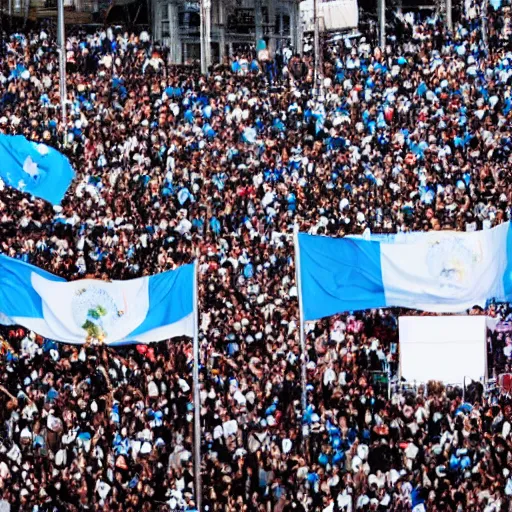 Image similar to Lady Gaga as president, Argentina presidential rally, Argentine flags behind, bokeh, giving a speech, detailed face, Argentina