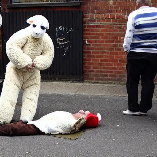 Image similar to photo of a man in a sheep costume is on fire and jesus is helping him outside a british pub