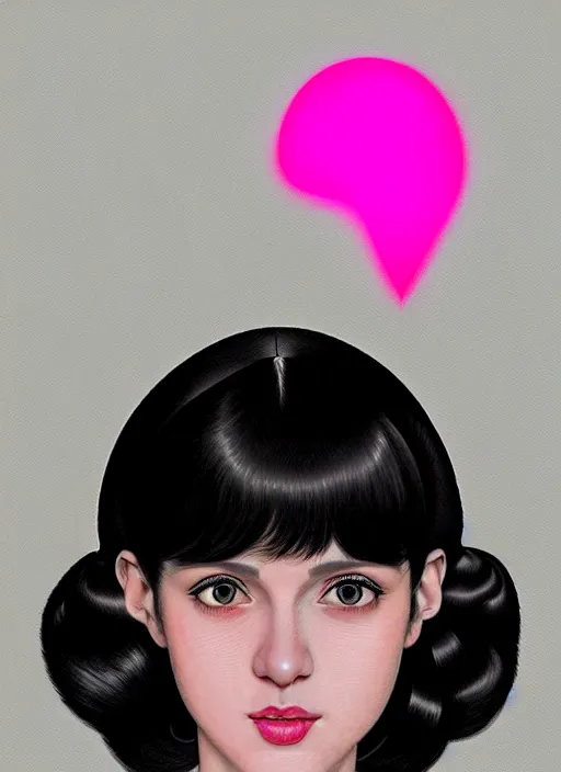 Image similar to portrait of high school girl, realistic, black hair, bangs, half updo hairstyle, pointy nose, skinny, smile, ugly, defined jawline, big chin, pink hair bow, earrings, intricate, elegant, glowing lights, highly detailed, digital painting, artstation, sharp focus, illustration, art by wlop, mars ravelo and greg rutkowski