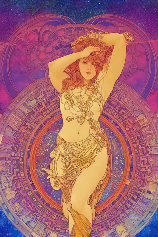 Image similar to beautiful goddess of space and dreams by maxfield parrish and artgerm and alphonse mucha, wide angle, mandala, coherent design, perfect symmetry, vivid colors, digital watercolor ink illustration painting, complementary color, golden ratio, detailed, sharp lines, sharp focus, intricate, rainbowshift, octane render