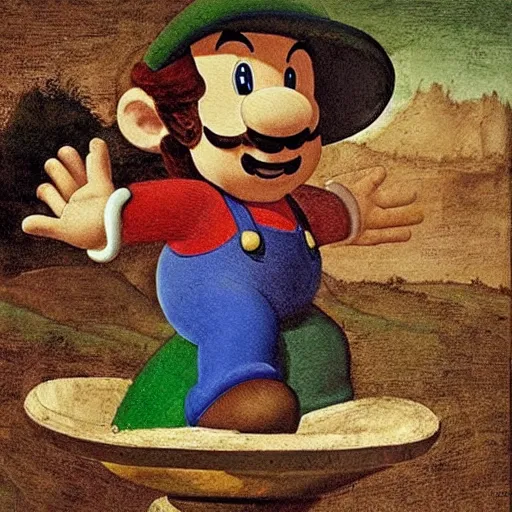 Image similar to luigi from super mario riding an osterich in a church, painting by leonardo da vinci, hyperrealistic