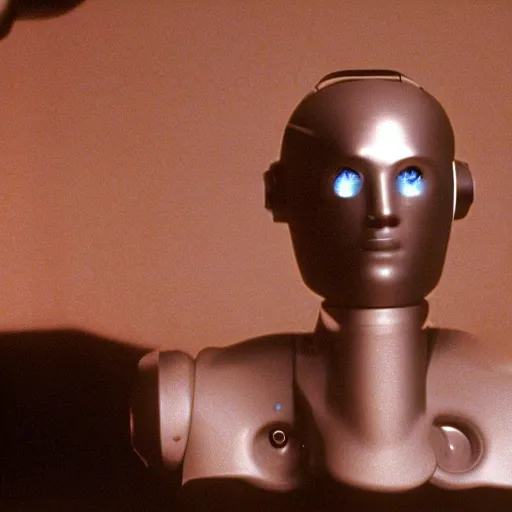 Prompt: The man with robot head, movie still, cinematic composition, movie by David Lynch