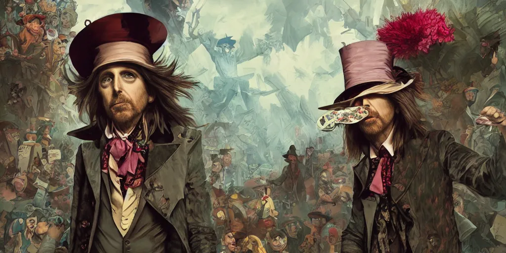 Image similar to tom petty as the mad hatter, contrast, kim jung gi, greg rutkowski, zabrocki, karlkka, jayison devadas, trending on artstation, 8 k, ultra wide angle, zenith view, pincushion lens effect