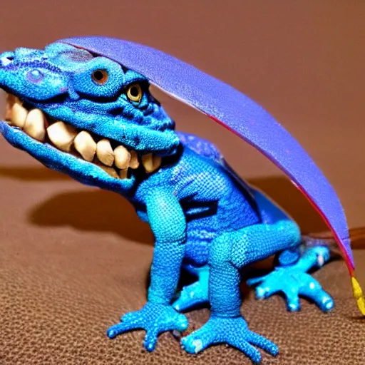 Image similar to a blue lizard warrior who is wearing a silly hat, highly detailed, realistic