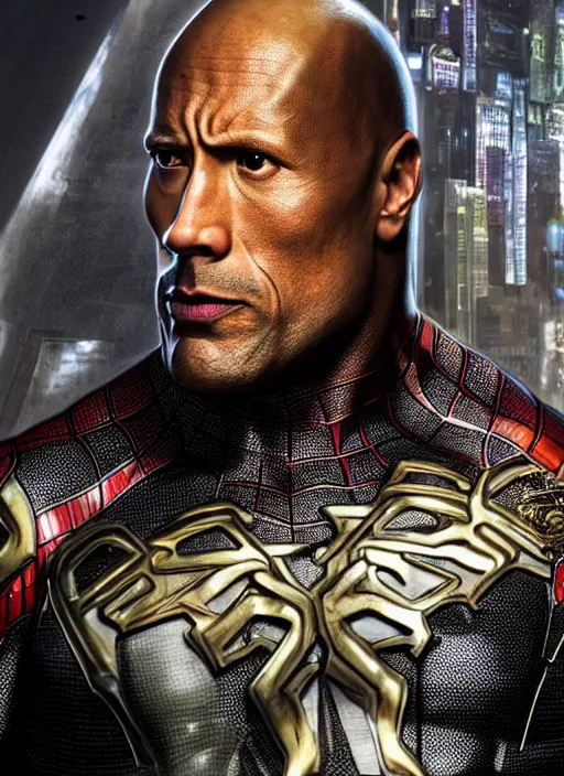 Image similar to hyper realistic dwayne johnson as spiderman in a obsidian metal armor, futuristic design, designed by makoto kobayashi and luca zampriolo, portrait, cyberpunk style, wood and gold details, intricate, extremely detailed, ornate, deep of field, hard surface, exoskeleton, substance designer metal unreal engine. amazing likeness. very detailed.