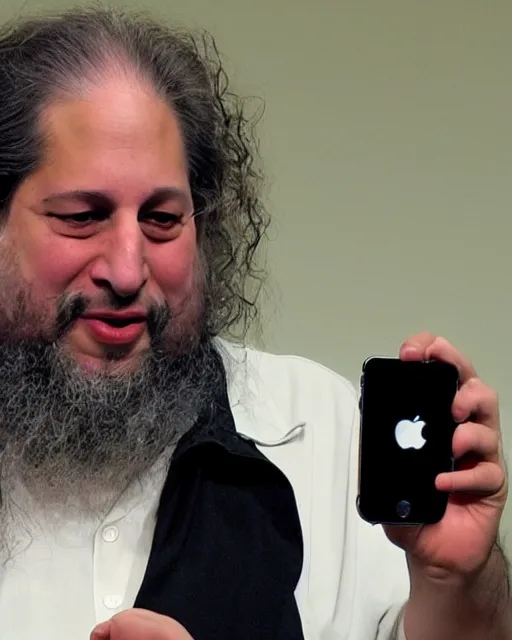 Prompt: Richard Stallman demonstrates the new iPhone during Apple keynote presentation