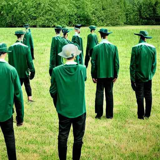 Image similar to the emerald green reapers stand in the meadow, preparing to take souls