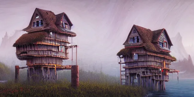 Prompt: painting costal villages overrun with weeping willows surrounded by a swap by tomasz alen kopera and cornelius dammrich with futuristic wood castle by eddie jones and simon stahlenhag