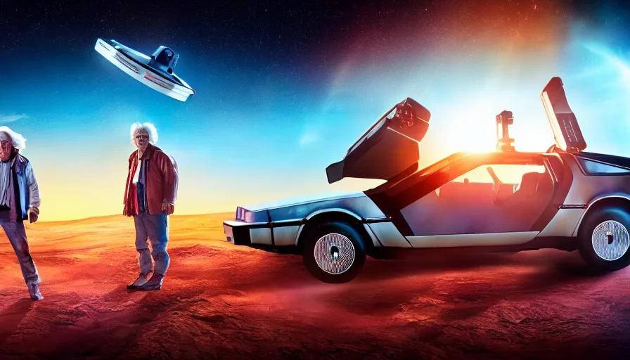 Image similar to Marty McFly and Doc Brown Back to the future on the surface of Mars with a space ship in the shape of a Delorean. Cinematoc shot. Color grade. Lens flare. 4k.