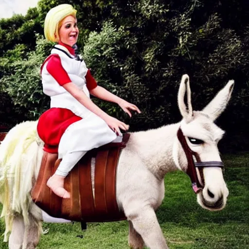 Image similar to cute donald trump riding a donkey wearing a maid outfit, realistic, photography, 8 k, award winning, kawaii