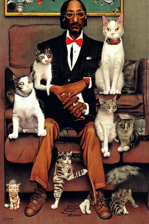 Image similar to snoop dogg and his cats painted by Norman Rockwell