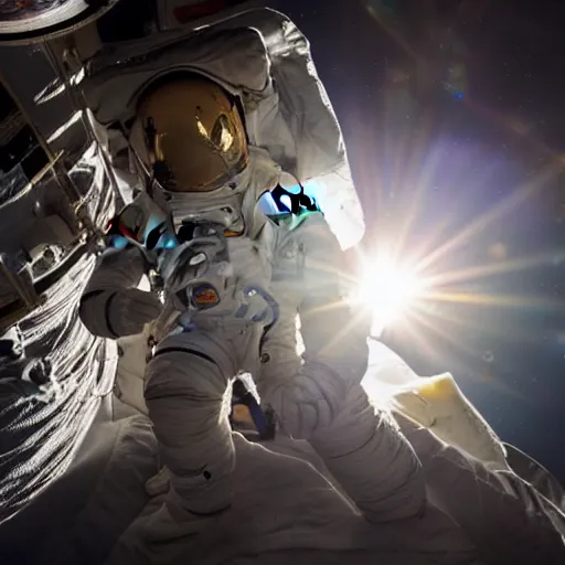 Image similar to photograph of an astronaut in space, singular light source from below, earth only visible below, full body photo, amazing light and shadow contrast, 8 k