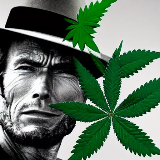 Prompt: clint eastwood made of cannabis leaves