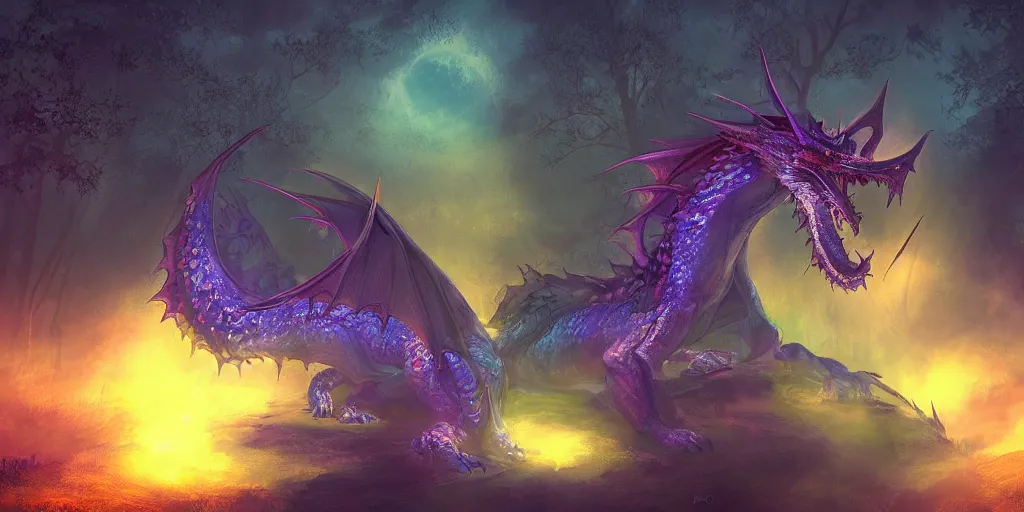 Prompt: mysterious glowing dragon at night, in the forest, digital art