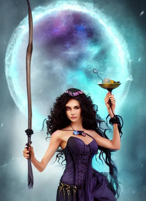 Image similar to a beautiful witch with long curly dark hair, large blue eyes and holding a wand with a very large magical gemstone at the top radiating energy, detailed matte painting, studio lighting, octane render, by anne stokes