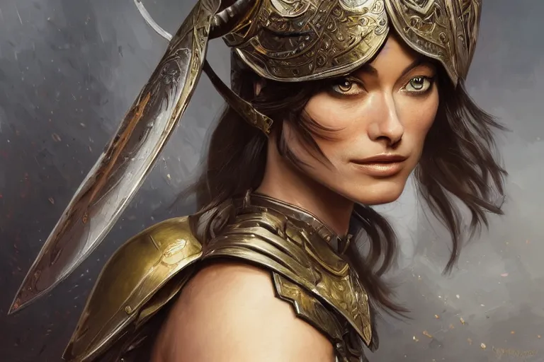 Image similar to a finely detailed portrait of Olivia Wilde, clothed in battle armor, olive skin, long dark hair, beautiful bone structure, symmetrical facial features, intricate, elegant, digital painting, trending on Artstation, concept art, smooth, sharp focus, illustration, from World of Warcraft, by Ruan Jia and Mandy Jurgens and Artgerm and william-adolphe bouguerea, award winning