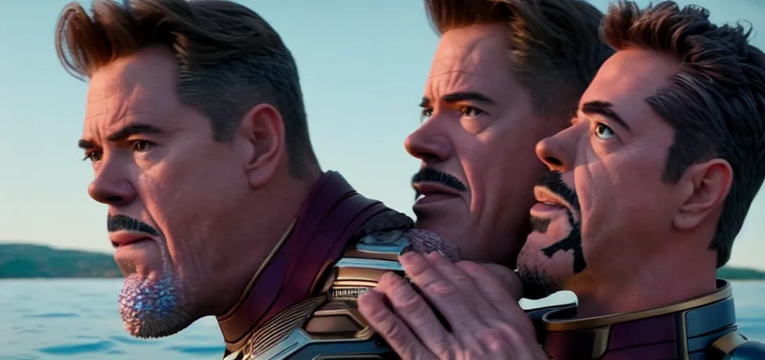 Image similar to a very high resolution image from a new movie. thanos kissing tony stark on a lake, photorealistic, photography, directed by wes anderson