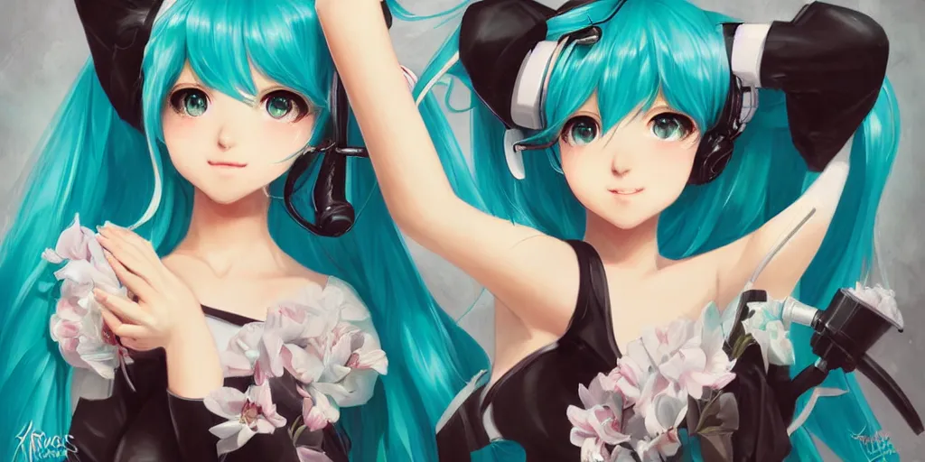 Image similar to A very beautiful painting of Hatsune Miku by rossdraws, wlop, artgerm, Gil Elvgren, Ilya kuvshinov