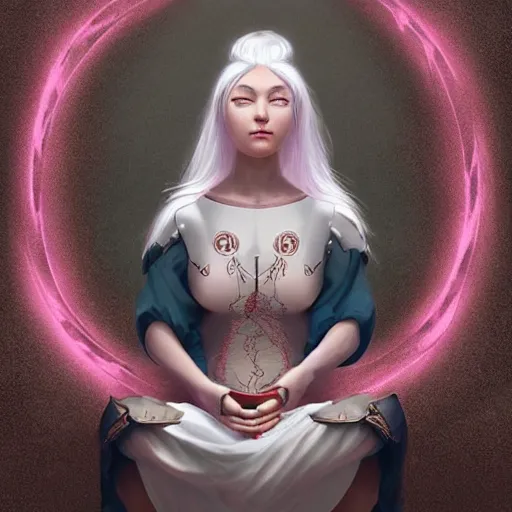 Prompt: a gorgeously defined woman with immensely glowing white hair and [ rose - designed medieval armor ], meditating in tranquility as [ her hair flows ]!!, surrealism art, trending on artstation, portrait!!, intricately detailed