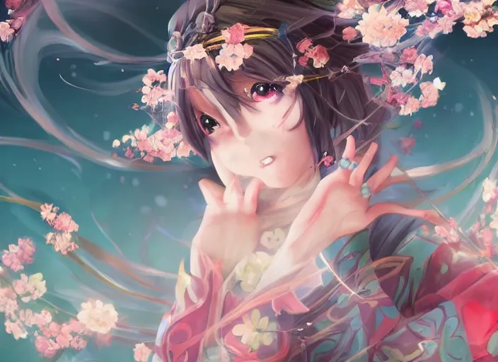 Image similar to anime girl wearing japanese kimono surrounded by spirit blossoms in a serene lake, symmetry, concept art, dynamic pose, digital illustration, trending on artstation, intricate details, epic composition, sharp focus, 8 k uhd, masterpiece, league of legends splash art