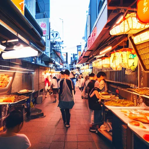 Image similar to very appetizing Japanese street food, food photography, street lights, 8k UHD