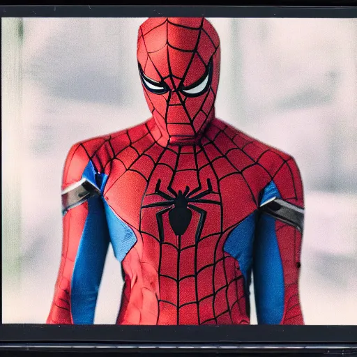 Image similar to a single iron man and spider - man hybrid, dslr, polaroid