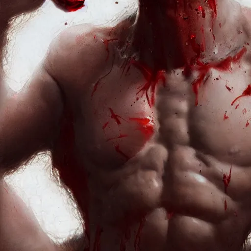 Prompt: UHD closeup of a Photorealistic boy with a giant gaping hole in his chest, heart broken, blood gushing forcefully by Antonio Caparo and Ferdinand Knab and Greg Rutkowski, UHD, photorealistic, trending on artstation, trending on deviantart