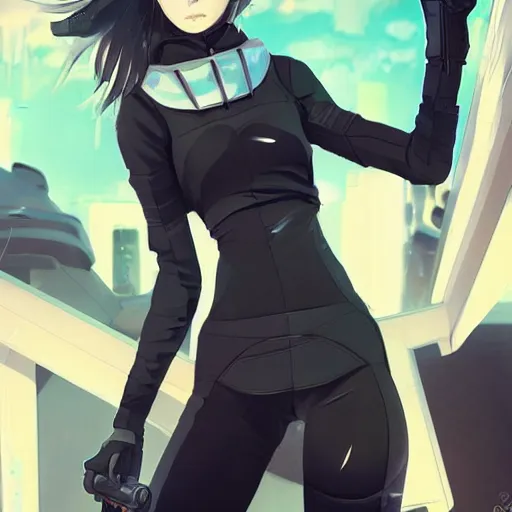Prompt: poster art girl with futuristic streetwear, cute face, pretty, Anime, posing with a gun in the style of Valorant by Cushart Krentz, Fierce expression 4k, 8k, HDR, Trending on artstation, Behance, Pinterest