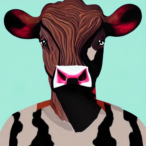 Image similar to half man, half cow, digital art painting, abstract