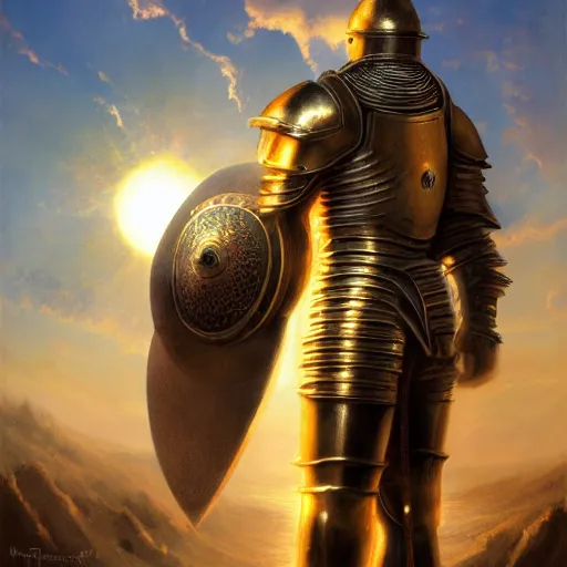 Prompt: a medieval knight in front of the sun of a susnet, unique armor, detailed, intricate, close up, fantasy, by wlop, by ross tran, by andreas rocha, by krenz cushart