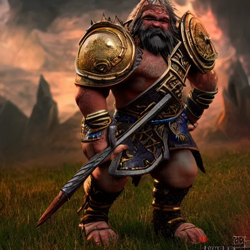 Prompt: a fantasy cinematic shot of a dwarf berserker, warhammer, dnd, fighting monsters, octane render, hyperreal, 8 k