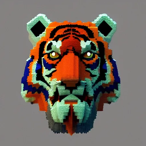 Prompt: voxel art of a creepy tiger, orthographic, colorful, 4k, blender render