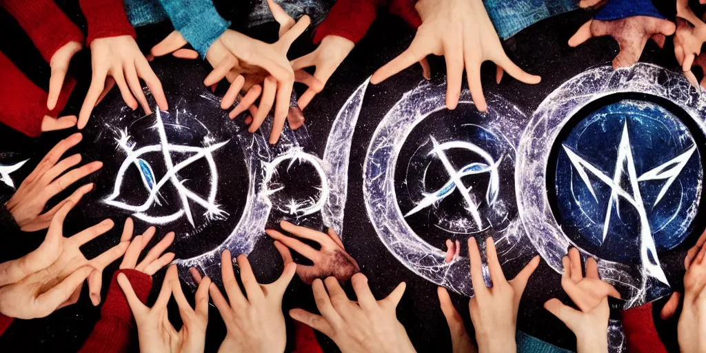 Image similar to group of mages in a circle, wearing hoods, casting a spell, runes surrounding the center, mysterious