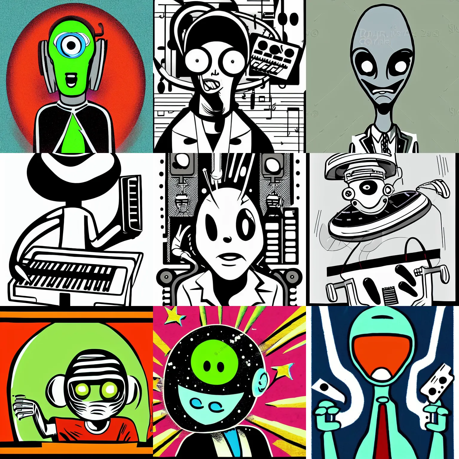 Prompt: an alien with a synthesizer as a head in the style of old cartoons, character, toon, illustration, vintage