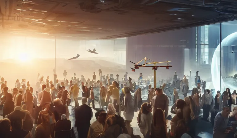 Image similar to crowd of people in simple white museum, looking at hologram of dense futuristic city on a table, cinematic concept art, godrays, golden hour, natural sunlight, 4 k, clear details, tabletop model buildings, center model buildings, hologram center, crane shot, crane shot, crane shot, white walls
