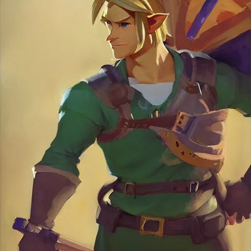 Image similar to greg manchess handsome portrait painting of young link in the legend of zelda as overwatch character, medium shot, asymmetrical, profile picture, organic painting, sunny day, matte painting, bold shapes, hard edges, street art, trending on artstation, by huang guangjian and gil elvgren and sachin teng