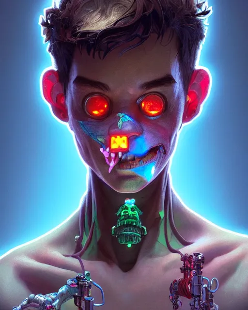 Image similar to portrait of a patchwork boy, bioluminescent, wires, horror, asymmetrical art, highly detailed, concept art, cinematic, hyperrealism, epic, art by stanley lau and artgerm and magali villeneuve and alphonse mucha and pixar, artstation, octane render, cgsociety