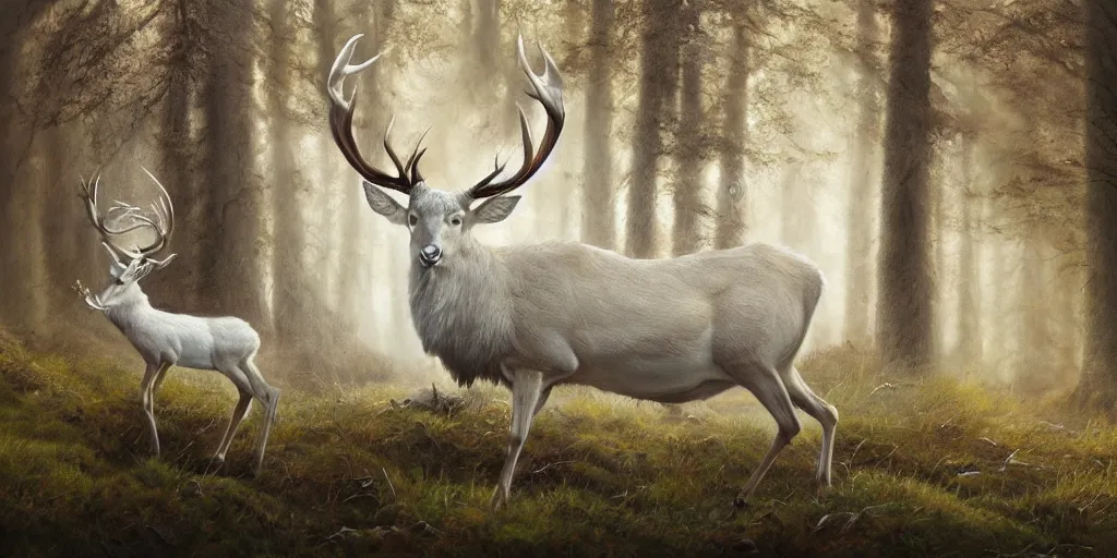 Prompt: an oil painting of the king of the forest: a white stag, beautiful, fantasy, hyper realistic, dramatic lighting, 8k,