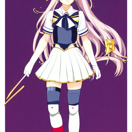 Image similar to An anime magical girl with long blond ponytails, dressed in a sailor-suit school uniform inspired attire, wearing a golden tiara in her forehead, white elbow-length gloves and red thigh-high boots