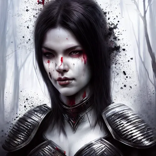 Prompt: head and shoulders portrait of a female knight, black bob hair, evil smirk, white skin, splattered blood, beautiful, ornamental armor, dark fantasy, extremely detailed, smooth sharp focus, realisitc, matte painting, by frank franzzeta, rossdraws, wlop