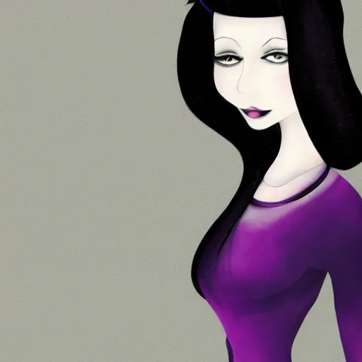 Image similar to beautiful delicate pale thin goth woman with black hair, wearing long black and purple dress, highly detailed, illustration