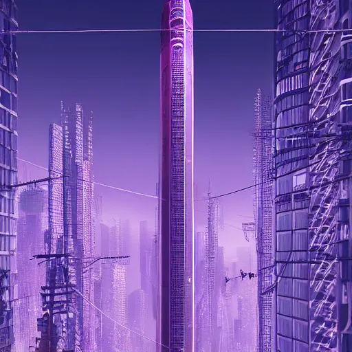 Prompt: Futuristic Pagoda Skyscraper with web of electric cables in Tokyo City in style of Tsutomu Nihei in purple. ArtStation, Cyberpunk, Vertical Symmetry, 8K, Highly Detailed, Intricate, Album Art.