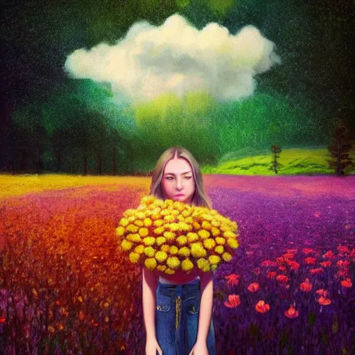 Image similar to girl with a gargantuan flower as a face, surreal photography, dream, standing in flower field, hills, big trees, sunrise dramatic light, impressionist painting, colorful clouds, digital painting, pointillism, artstation, simon stalenhag, flower face